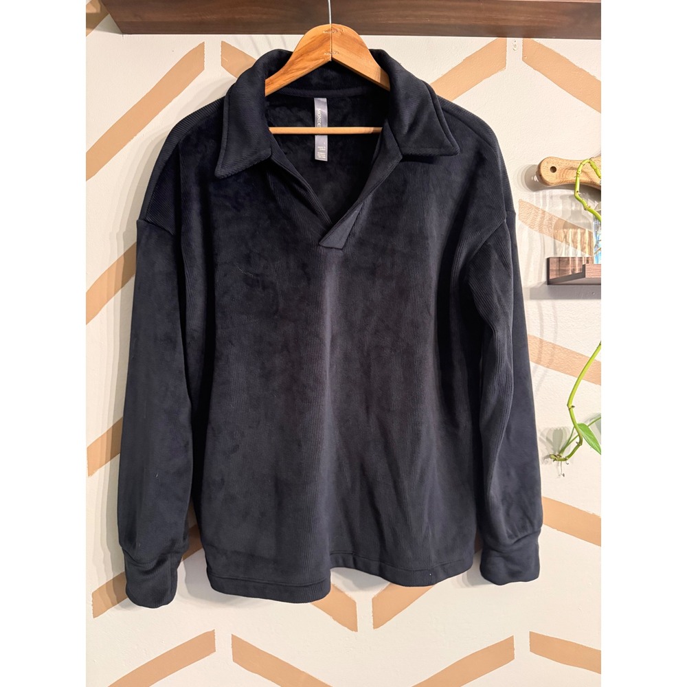 Mondetta Pullover Women Large Black Velour Ribbed Long Sleeve Polo Collar